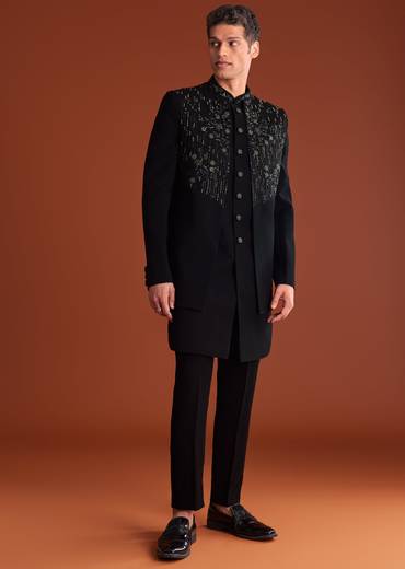 Black Indowestern Jacket Set With Zari And Pearl Work