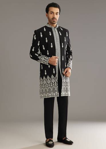 Black Indo Western Set With Embroidery On Japanese Fabric