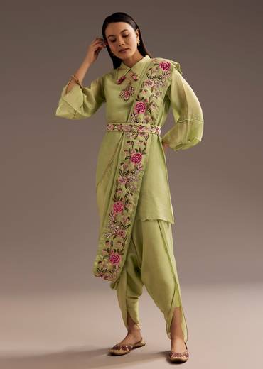 Light Green Zardosi Motif Kurta Dupatta Belt Set