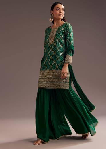 Dark Green Bandhani Zardosi Kurta Sharara Dupatta Set