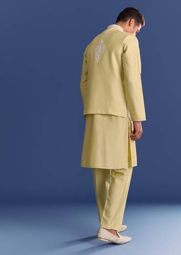 Yellow Cotton Silk Kurta Jacket Set With Mirror And Dori Work