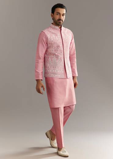 Pink Cotton Silk Jacket Kurta Set With Mirror And Dori Work