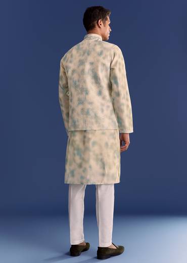 Green Cotton Silk Mirrowork Kurta Jacket Set With Tie Dye Print