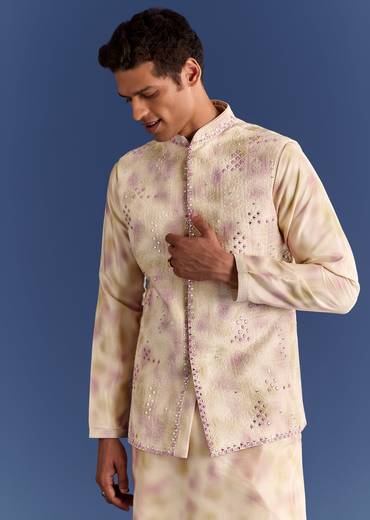Pink Cotton Silk Tie Dye Printed Kurta Jacket Set With Mirror Work