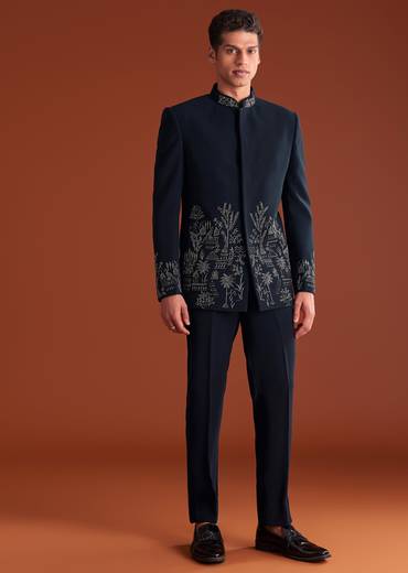 Navy Blue Jodhpuri Suit In Lachkaa Fabric With Hand Embroidery
