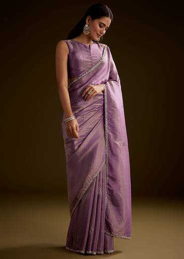 Lilac Tissue Saree With Cutdana Embroidery And Scallop Border