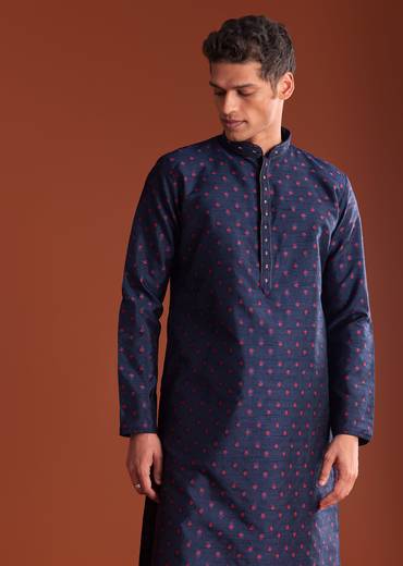 Blue Benaras Printed Jacquard Kurta Set