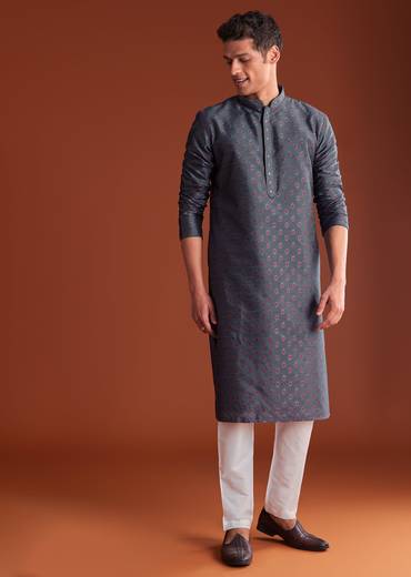 Grey Benaras Jacquard Kurta Set With Butti Print