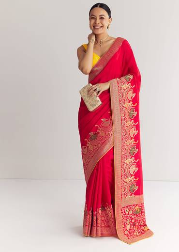 Red Dola Silk Saree With Zari Woven Motifs