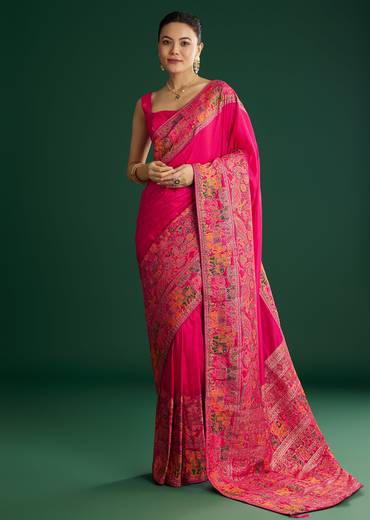 Rani Pink Dola Silk Woven Saree With Floral And Animal Prints