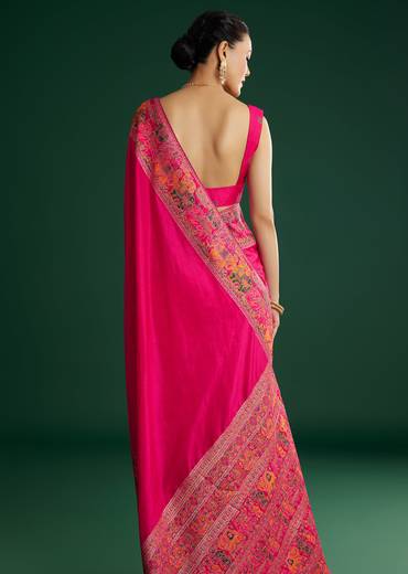 Rani Pink Dola Silk Woven Saree With Floral And Animal Prints
