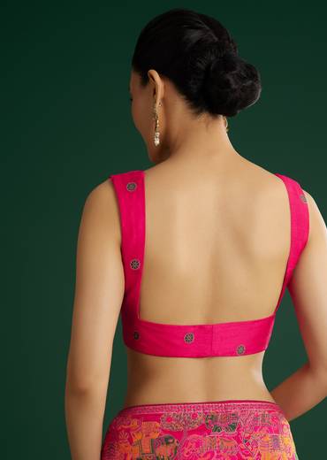 Rani Pink Dola Silk Woven Saree With Floral And Animal Prints