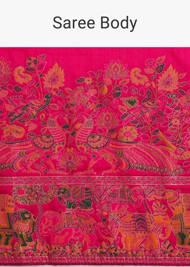 Rani Pink Dola Silk Woven Saree With Floral And Animal Prints