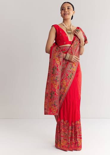 Red Saree With Traditional Floral And Animal Prints