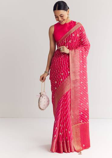 Pink Leheriya Printed Saree With Floral Embroidery