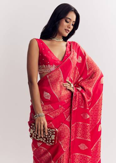 Red Dola Silk Saree With Gota Patti Woven Motifs