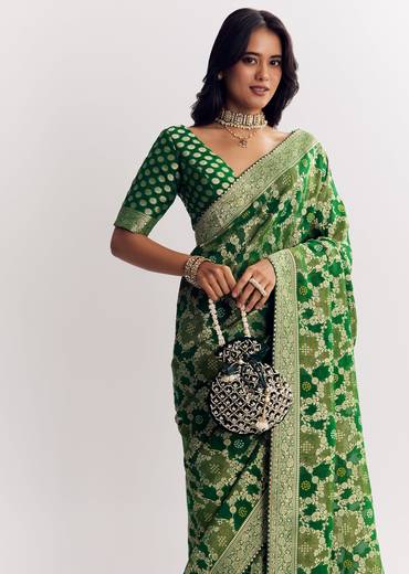Bottle Green Shaded Dola Silk Saree With Zari Jaal Work