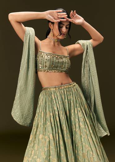 Mint Green Crepe Lehenga Choli Set With Coin Work