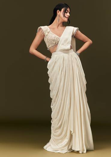 Ivory Crepe Pre Draped Saree With Zardosi And 3D Flower Motifs