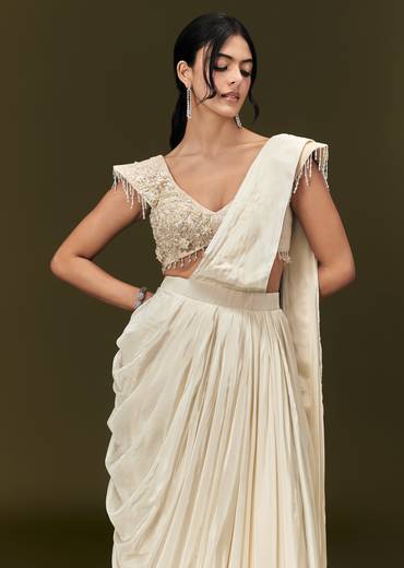 Ivory Crepe Pre Draped Saree With Zardosi And 3D Flower Motifs