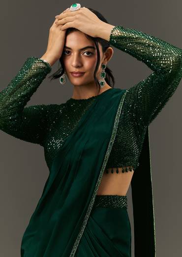 Bottle Green Pre Pleated Saree With Embroidered High Neck Full Sleeve Blouse