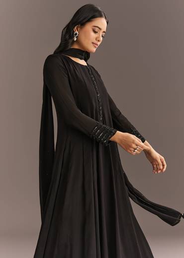 Black Chinon Beaded Sequin Anarkali Pant With Dupatta
