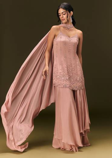 Dusty Pink Chinon Embroidered Kurti With Flared Pant And Choker Dupatta