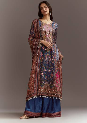 Blue Printed Gotta Lace Sequin Kurta Set With Floral Print Dupatta