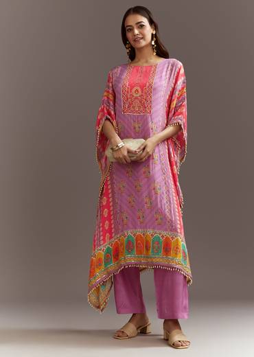 Purple Printed Crepe Kaftaan Kurta Pant