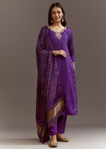 Purple Dola Silk Kurta Set With Bandhani Satin Dupatta