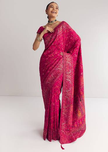 Pink Traditional Floral And Jaal Woven Saree