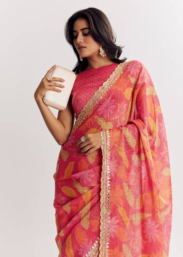 Pink Printed Tissue Lurex Saree With Zari Mirror And Cutdana Embroidery