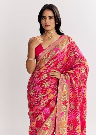 Rani Dola Silk Bandhani Saree With Multicolor Animal Motifs And Gota Border