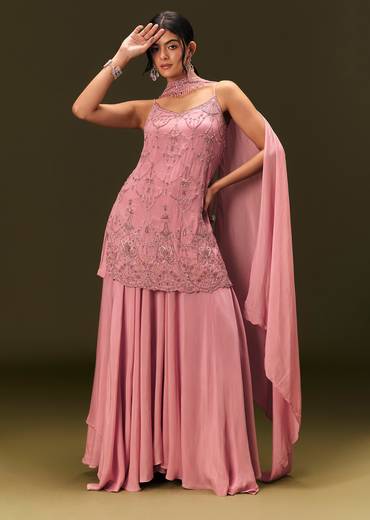 Pink Embroidered Chinon Kurti With Flared Pant And Choker Dupatta