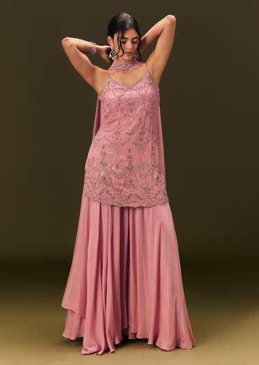 Pink Embroidered Chinon Kurti With Flared Pant And Choker Dupatta