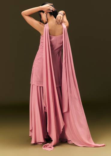 Pink Embroidered Chinon Kurti With Flared Pant And Choker Dupatta