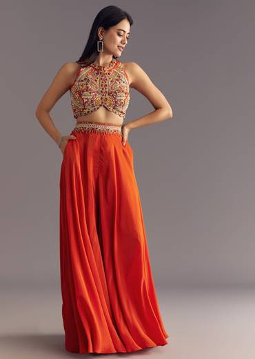 Orange Crepe Zardosi Thread Work Croptop And Palazzo Suit