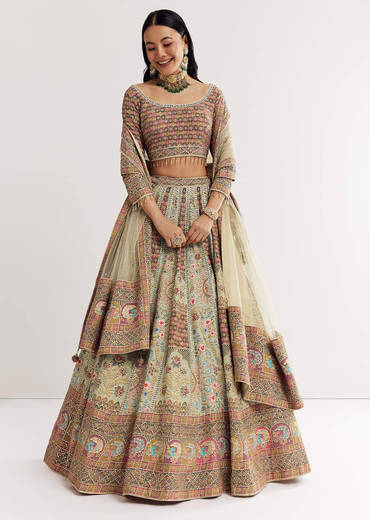 Green Beige Georgette Printed Lehenga With Scoop Neckline And Net Dupatta