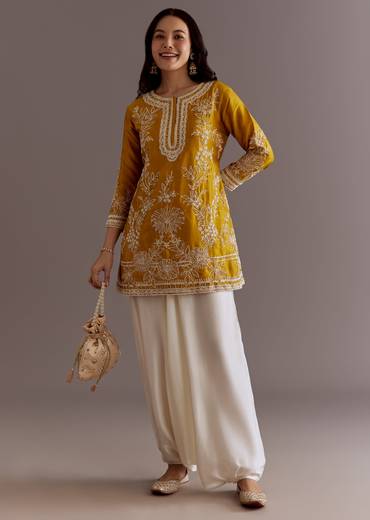 Yellow Embroidered Short Kurta With Silk Satin Dhoti