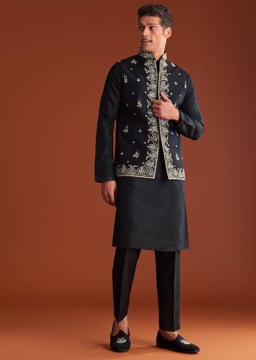 Black Silk Kurta Jacket Set With Thread Work