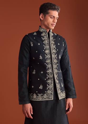 Black Silk Kurta Jacket Set With Thread Work
