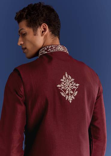 Red Silk Kurta Jacket Set With Thread Work