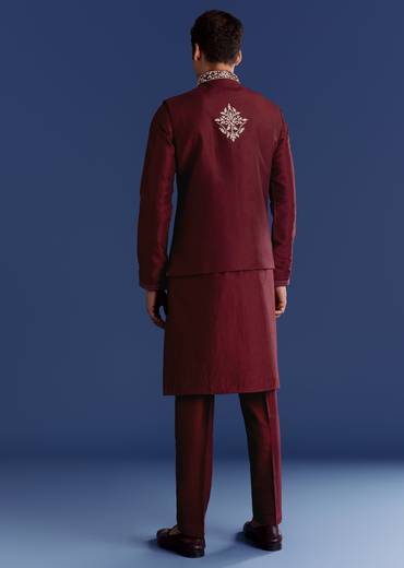 Red Silk Kurta Jacket Set With Thread Work