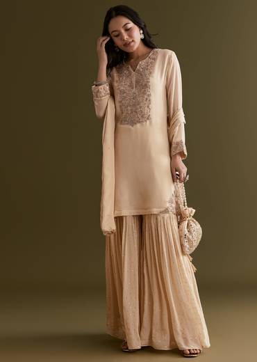 Cream Chinon Kurta Sharara Suit With Embroidered Dupatta