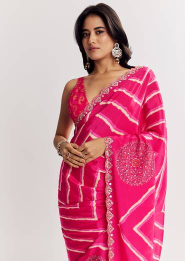 Pink Satin Saree With Gota And Mirror Embroidery