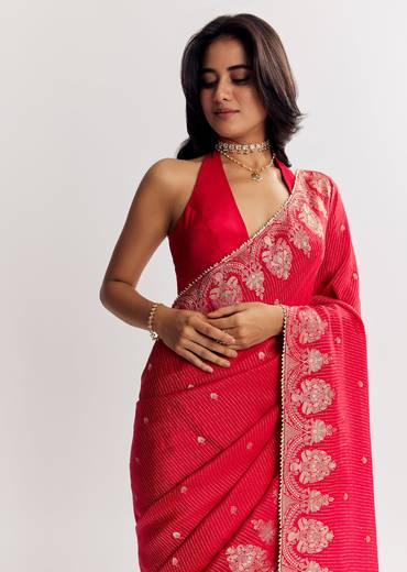 Red Georgette Lurex Saree With Brocade Butti And Gota Patti Border