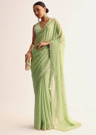 Mint Green Scallop Bordered Saree With Foil Printed Stripes