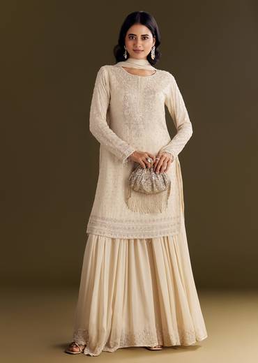 Cream Kurta Palazzo Set With Cutdana And Sequins Work
