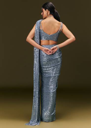 Blue Pre Stitched Saree With Sequin Stone Work