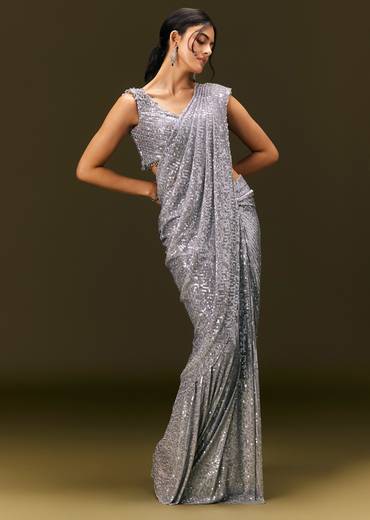Grey Sequin Embroidered Ready To Wear Saree